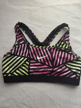 Nike Pink & Lime Geometric Stripe Sports Bra, Size Medium